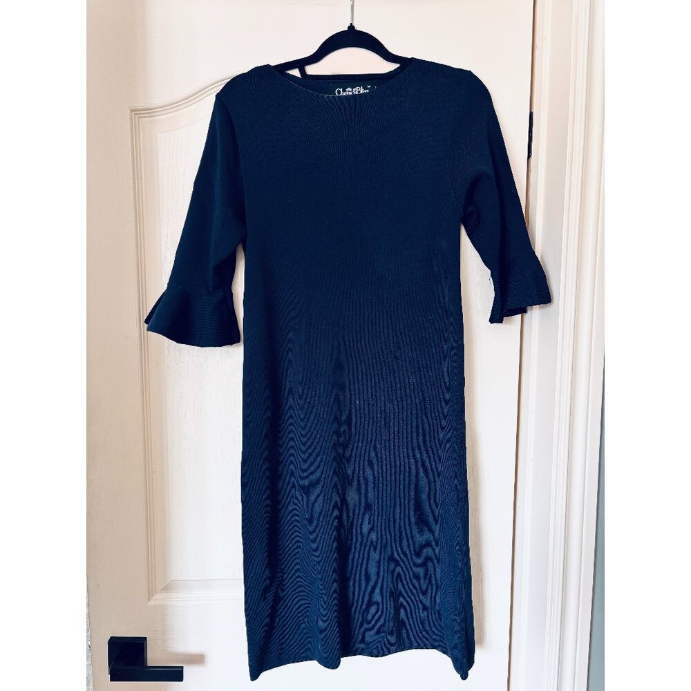 CHERIE BLISS Classic High End Stretchy Bell Sleeved Knit Dress/navy blue. L -12.